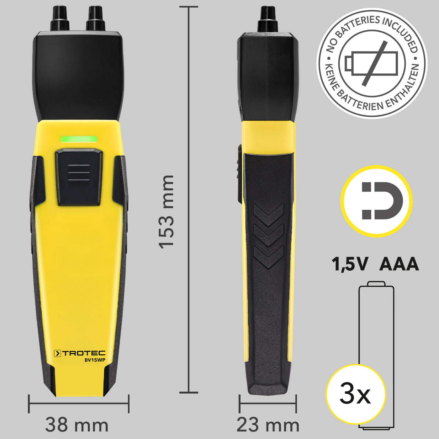 BV15WP – dimensions, battery/batteries and magnetic holder