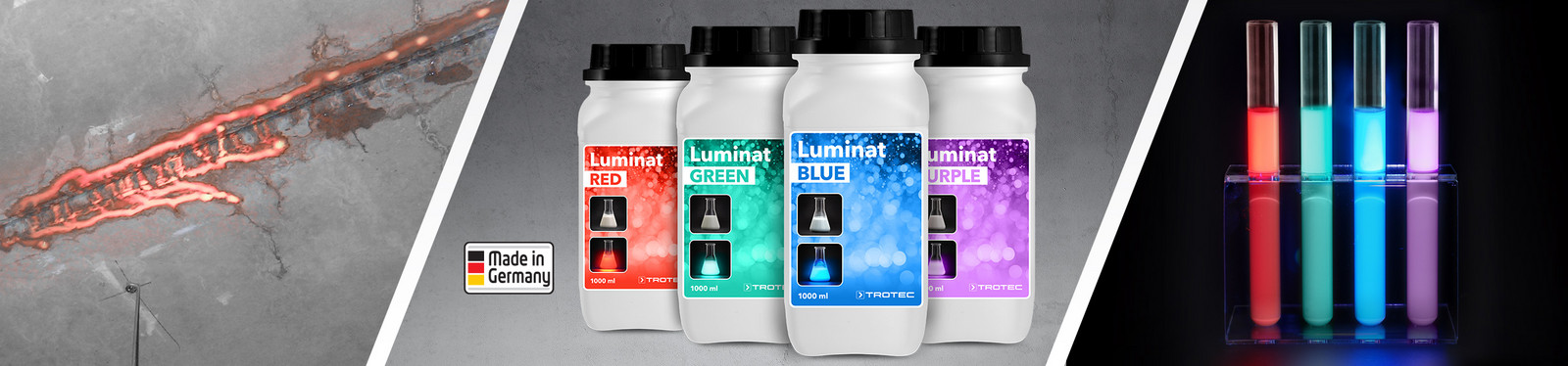 Fluorescent dyes of Trotec’s Luminat series for UV fluorescence excitation for the detection of leakages