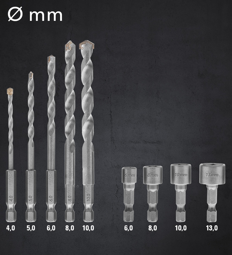 Twist drill bits for stone and hexagon bit sockets